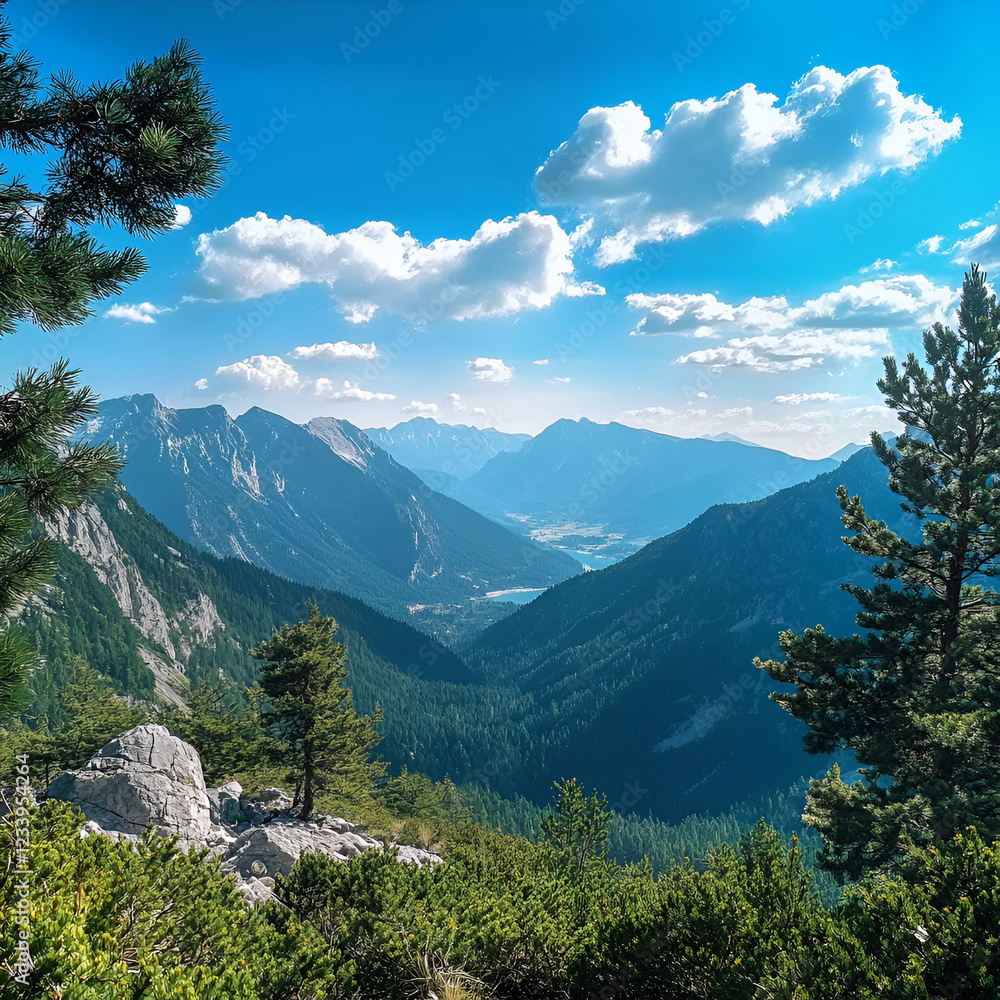 Fototapeta premium Mountain Vista: A breathtaking view of towering mountains, lush green forests, and a bright blue sky dotted with fluffy clouds. The scene captures the grandeur and serenity of the natural landscape. 