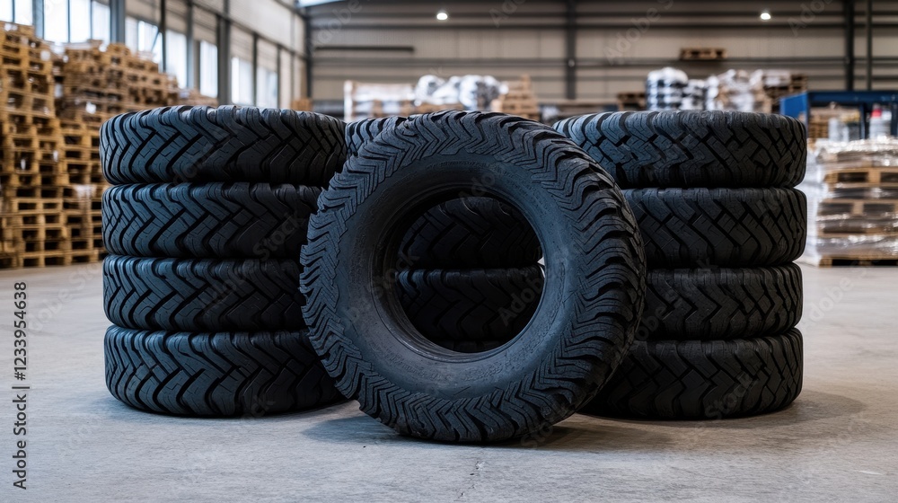 Obraz premium Stacked Black Tires in a Warehouse with Industrial Background
