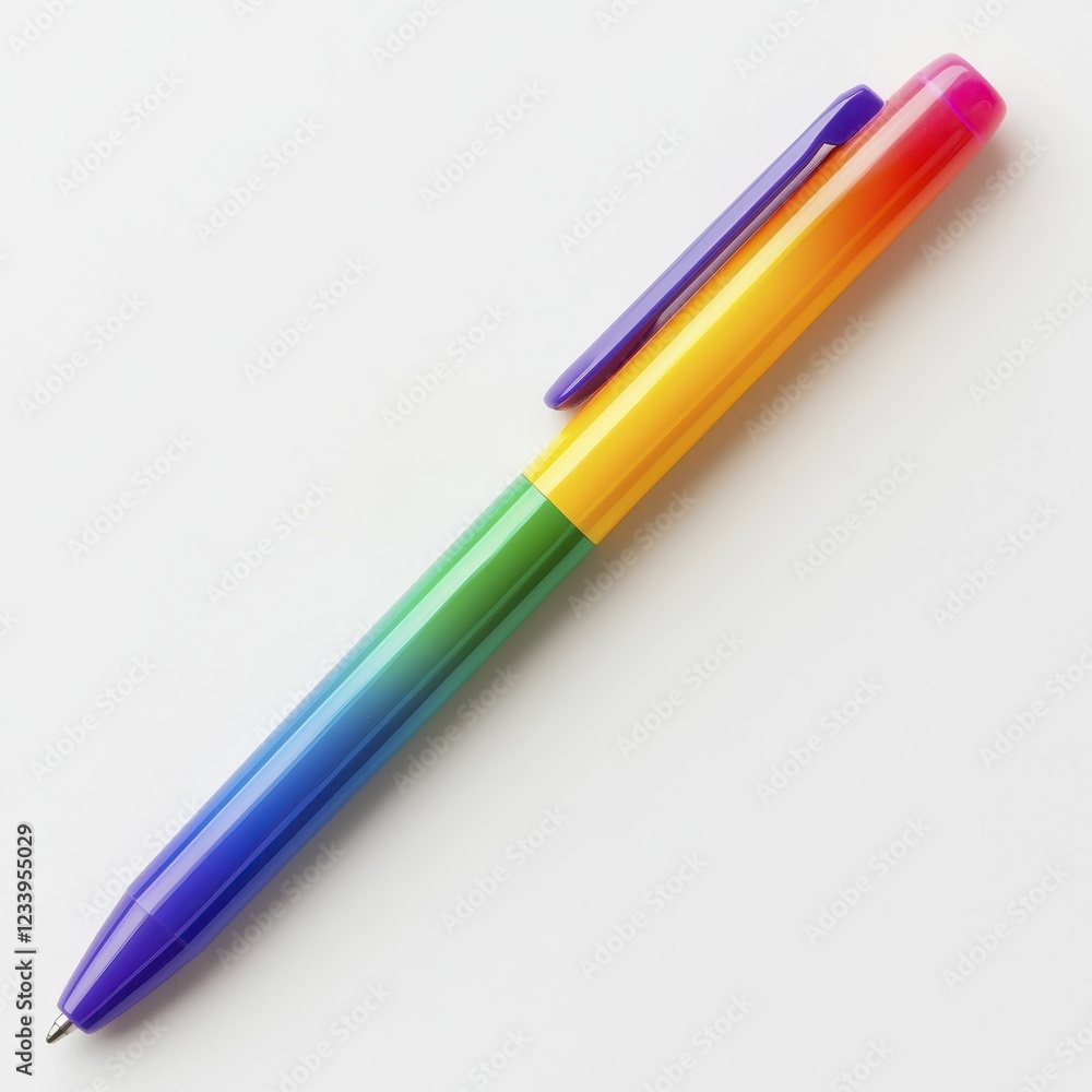 A colorful rainbow pen with a gradient design, featuring shades of purple, blue, green, yellow, and orange. A colorful rainbow pen with a gradient design, featuring shades of purple, blue, green, yellow, and orange.