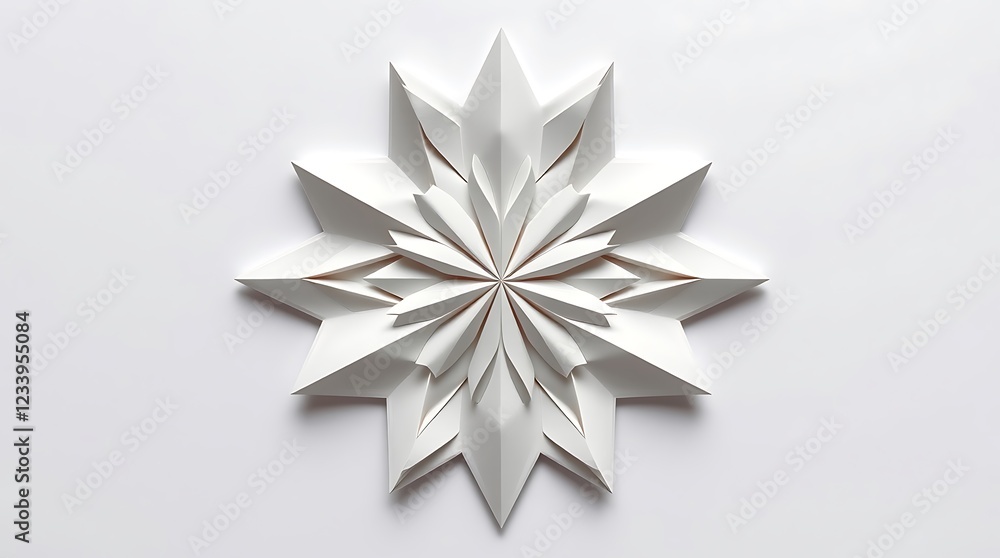 White paper snowflake design created with precise folds and sharp edges for decoration White paper snowflake design created with precise folds and sharp edges for decoration
