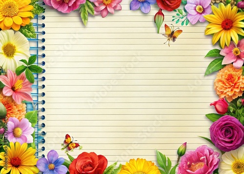 Exquisite Floral Notebook Page with Lined Paper Background