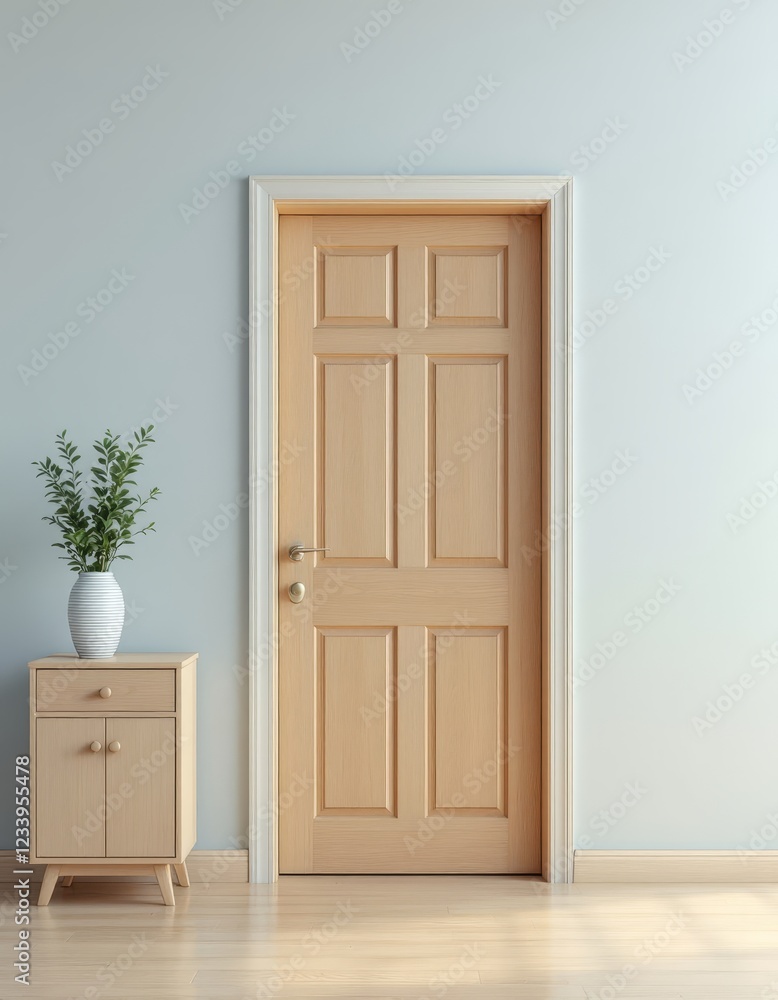 Elegantly Simple Wooden Door and Side Cabinet with Greenery in Room Setting Elegantly Simple Wooden Door and Side Cabinet with Greenery in Room Setting