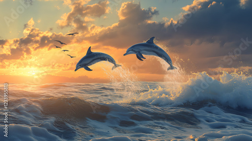 Photo of two gray dolphins jumping high from the water with white foam around them, with a beautiful sunrise. Beautiful blue sea and bright fresh. photo