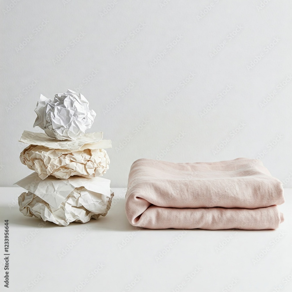 Obraz premium simple minimalist pink fabric with crumpled paper on white background