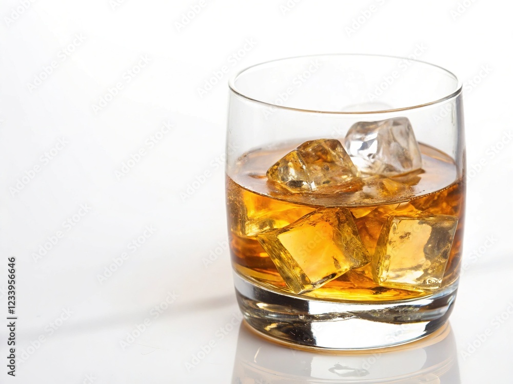 Glass of Whiskey with Ice Cubes on White Background Glass of Whiskey with Ice Cubes on White Background