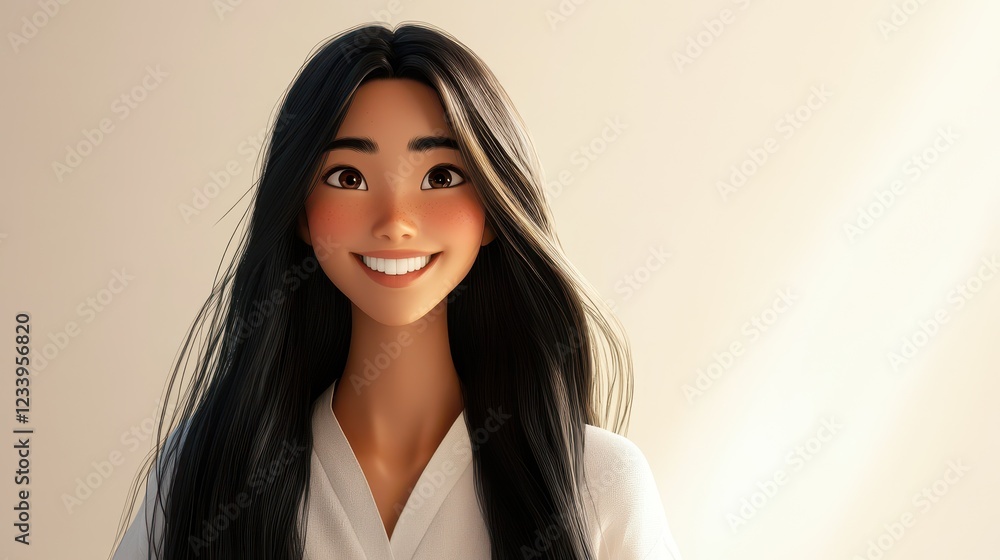 A young Asian woman cartoon character with long black hair is shown smiling in a 3D style design. A young Asian woman cartoon character with long black hair is shown smiling in a 3D style design.