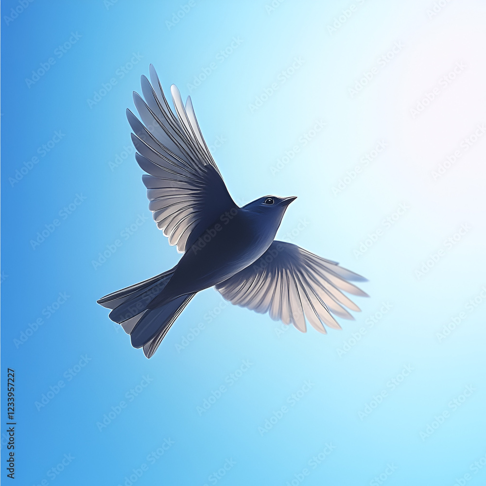 Obraz premium Soaring Serenity: A solitary bird, its wings spread in a graceful arc, takes flight against the backdrop of a radiant, azure sky, evoking feelings of freedom and tranquility.