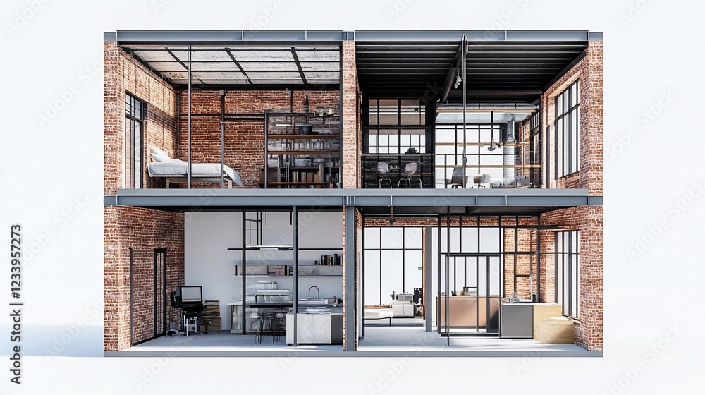 Architectural Cutaway of a Modern Loft with Exposed Brick and Industrial Accents Architectural Cutaway of a Modern Loft with Exposed Brick and Industrial Accents