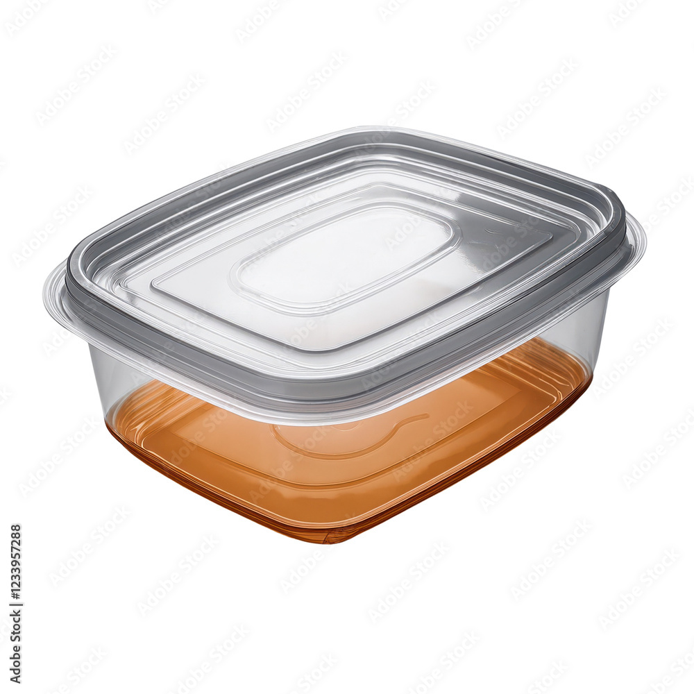 Clear food storage container with orange liquid, white isolated background. Clear food storage container with orange liquid, white isolated background.