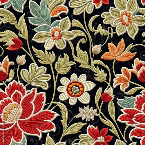 Fantasy flowers in retro, vintage, jacobean embroidery style. Seamless pattern, background