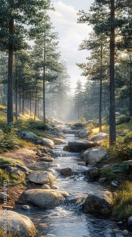 Obraz premium Forest Stream Flows Gently Sunlight