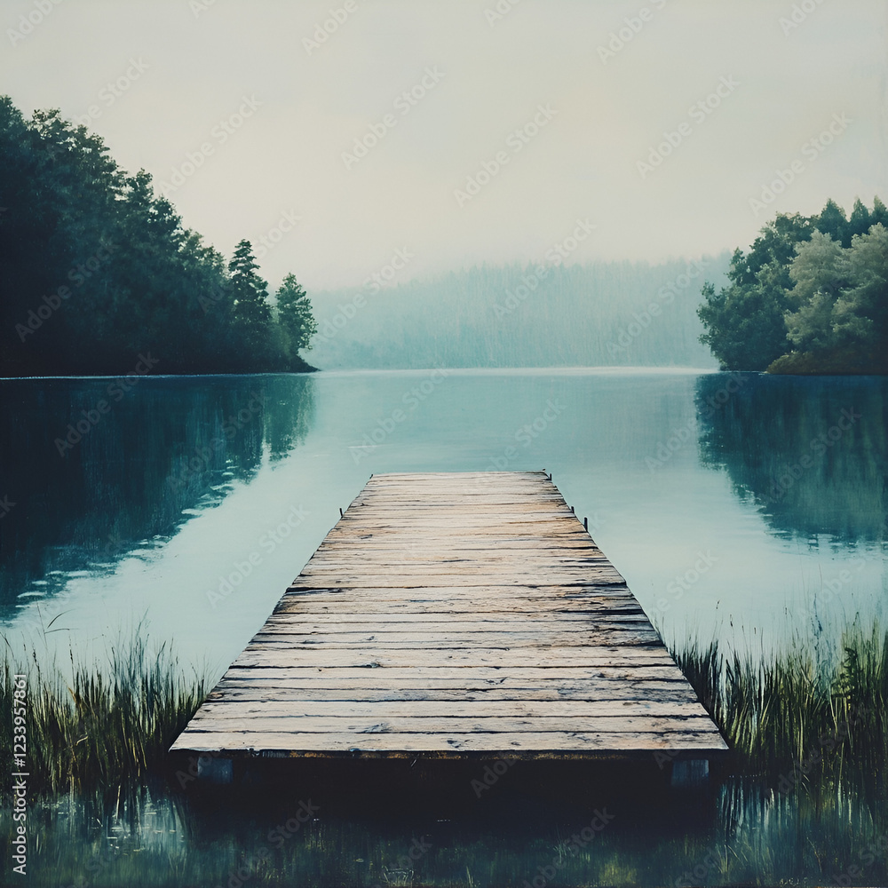 Serene Dockside Vista: A picturesque wooden dock extends into a tranquil lake, embraced by lush, verdant forests, evoking feelings of peace and solitude. Serene Dockside Vista: A picturesque wooden dock extends into a tranquil lake, embraced by lush, verdant forests, evoking feelings of peace and solitude.