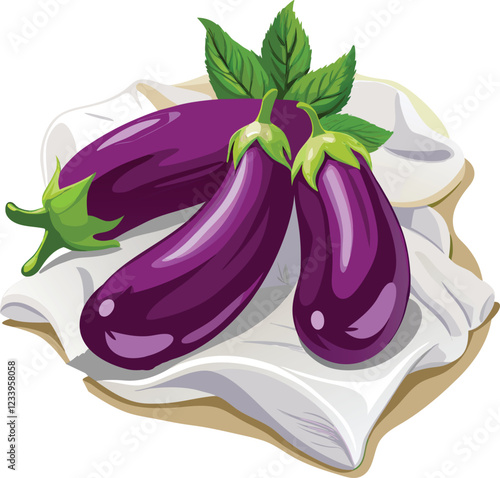 Eggplants for banners, flyers, posters, social media. Aubergine, brinjal, nightshade family. Fresh organic vegetables. Cartoon style. Vector illustration isolated on white background.