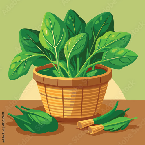 Bunch of fresh spinach close-up. Green raw spinach leaves spinach for farm market, vegetarian salad recipe design. vector illustration in flat style