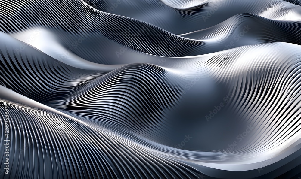 Abstract metallic waves, flowing design, 3D render, background texture, website design