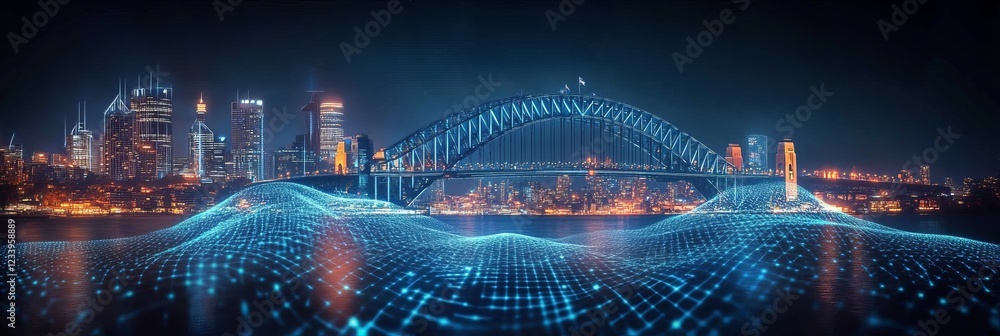 Fototapeta premium Sydney City Skyline At Night With Digital Network Connecting the Modern City, Sydney, Australia
