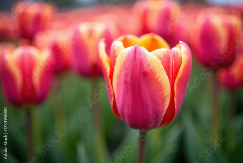 Red and yellow tulips in full bloom, with one tulip in sharp focus.