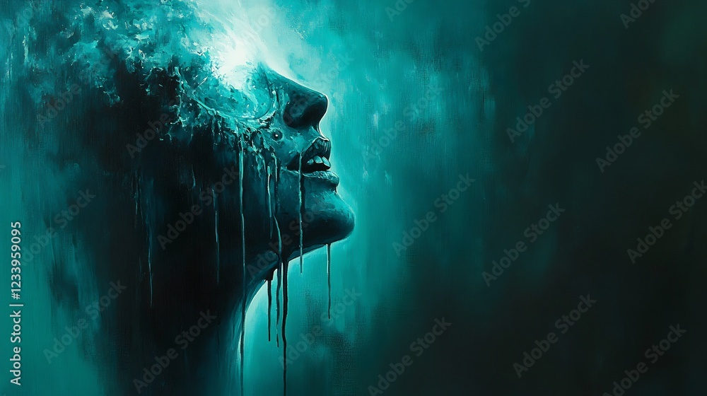 Fototapeta premium Mysterious Woman Dripping Teal Liquid Ethereal Moody Portrait. AI Generated