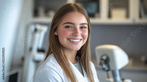 A young woman dentist smiling confidently, showcasing her white teeth while standing in her clinic cabinet. photo