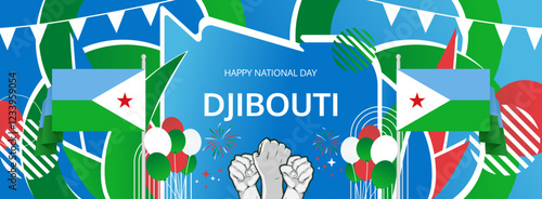 Djibouti Independence Day modern greeting banner. 27 June Happy National Day. Holidays abstract concept in flag colors. Great for event like carnival, feast poster, support, culture and tourism photo