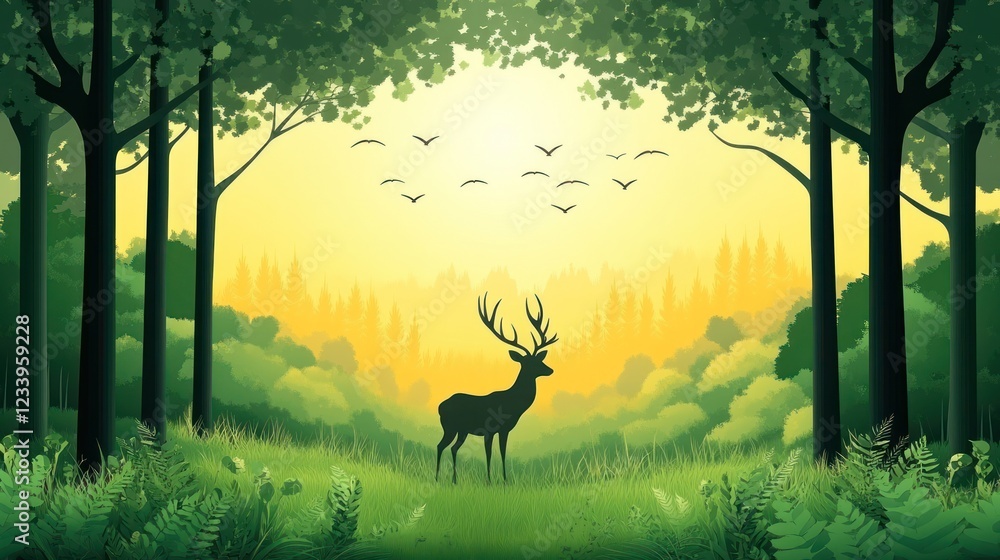 Fototapeta premium Majestic deer in sunlit forest clearing, birds flying, nature poster