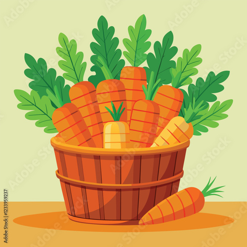 Carrots in wooden crate. Bunch of carrots. Carrots isolated vector illustration. Vector illustration of vegetables. Carrots in a flat style. Vector drawing on the topic of healthy food. Full container