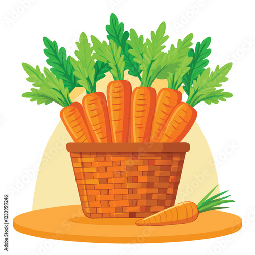 Carrots in wooden crate. Bunch of carrots. Carrots isolated vector illustration. Vector illustration of vegetables. Carrots in a flat style. Vector drawing on the topic of healthy food. Full container