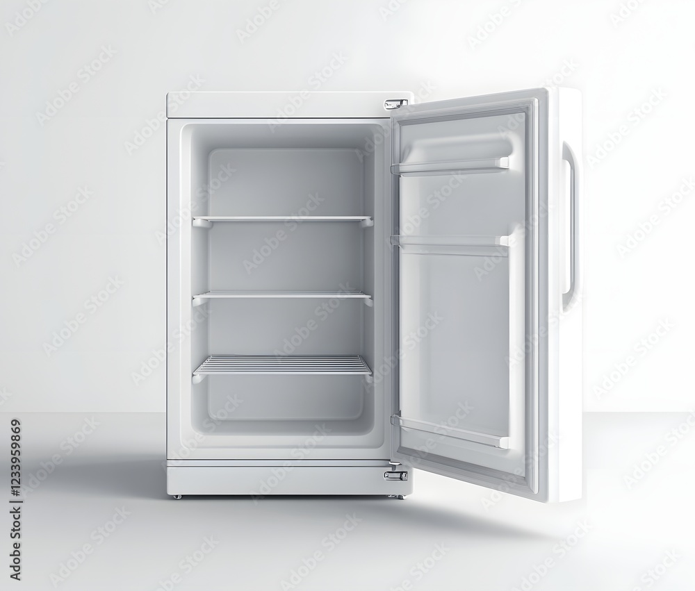 Open Mini Refrigerator with Empty Shelves on White Background in Style Open Mini Refrigerator with Empty Shelves on White Background in Style