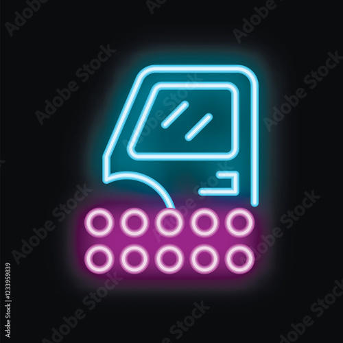 Blue and purple neon sign of a truck driving on a bumpy road, on a black background