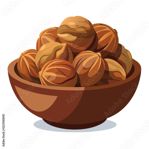 Walnut in brown bowl isolated on white. Vector flat illustration of nuts. Organic food icon.