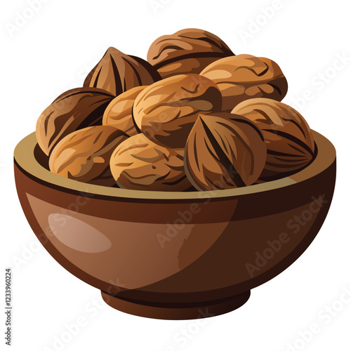Walnut in brown bowl isolated on white. Vector flat illustration of nuts. Organic food icon.