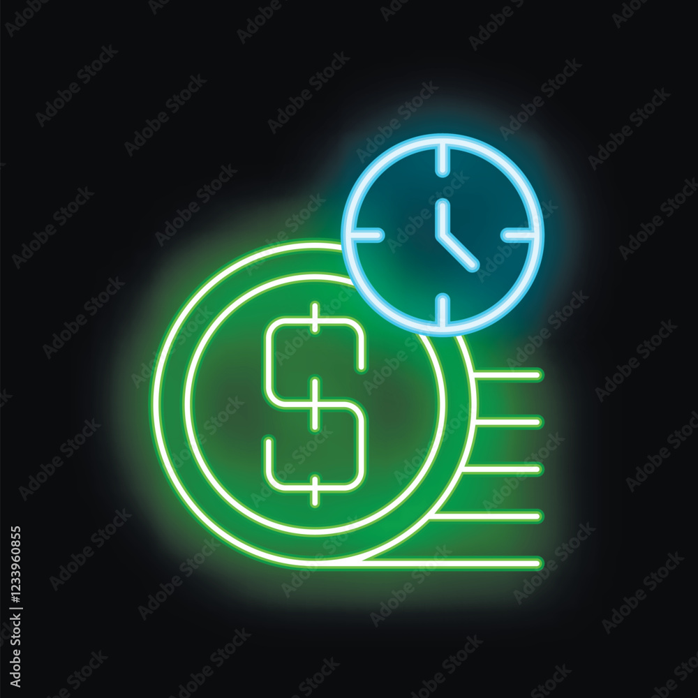 Neon sign is glowing in the dark, showing a dollar coin and a clock, representing the concept of fast money transfer Neon sign is glowing in the dark, showing a dollar coin and a clock, representing the concept of fast money transfer