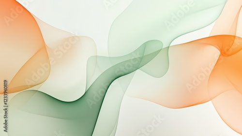 Abstract design featuring transparent green and orange waves with smooth curves and soft shadows. The fluid gradient motion of dynamic lines creates a modern and minimal backdrop.