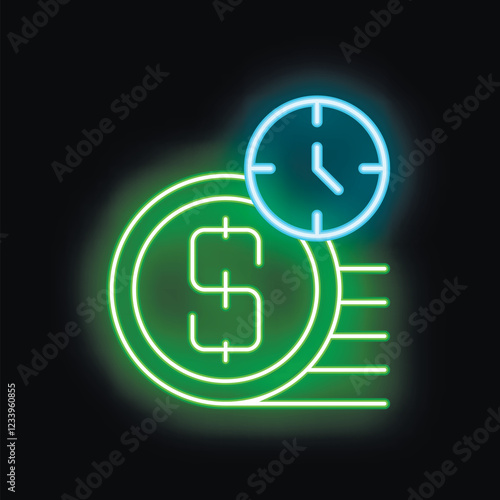 Neon sign is glowing in the dark, showing a dollar coin and a clock, representing the concept of fast money transfer