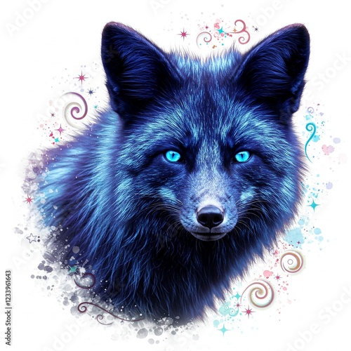 blue eyed black fox fantasy watercolor painting with swirls and stars photo