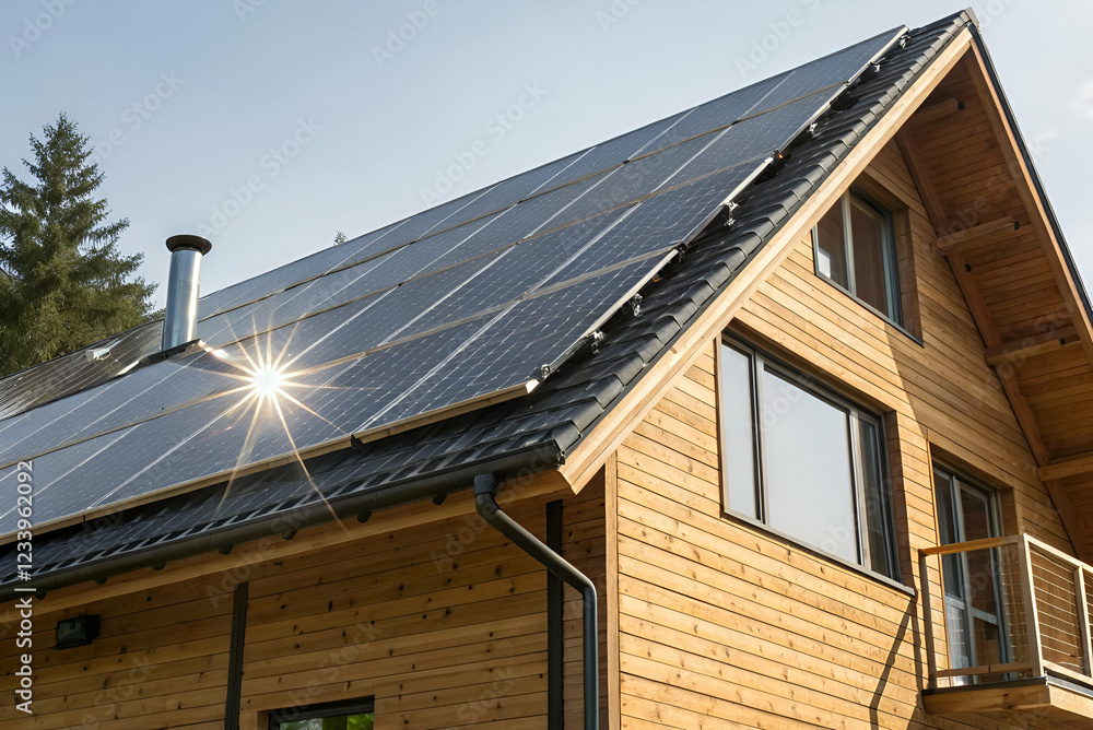 Fototapeta premium Sustainable Housing, Modern wooden house featuring solar panels on the roof, surrounded by trees and sunlight, emphasizing renewable energy and eco-friendly living.
