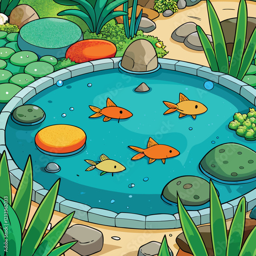 fish in the pond, swimming in a garden pond, and Serene outdoor fish pond with decorative rocks and plants. garden aquatic theme vector illustration