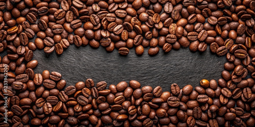High resolution coffee beans on dark background, scattered and arranged in a symmetrical pattern, coffee culture, close-up photography High resolution coffee beans on dark background, scattered and arranged in a symmetrical pattern, coffee culture, close-up photography