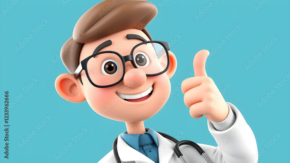 3d render, cartoon character smart doctor wears glasses and shows thumb up. Medical clip art isolated on blue background. Best choice concept. Health care recommendation metaphor. Generative AI 3d render, cartoon character smart doctor wears glasses and shows thumb up. Medical clip art isolated on blue background. Best choice concept. Health care recommendation metaphor. Generative AI