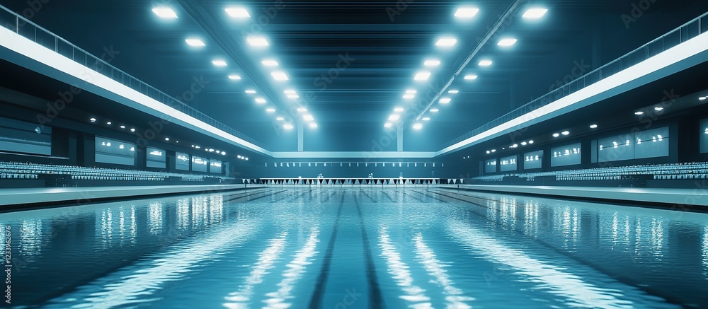 Obraz premium Indoor,empty pool with bright ceiling lights and spectator seating.