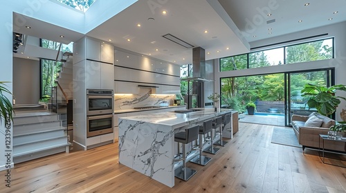 Modern Luxury Kitchen Island with Marble Countertops Oak Floors and Outdoor View