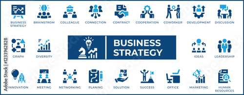 Business strategy icons set for planning, marketing, teamwork, and success. Perfect for presentations, reports, and web design.