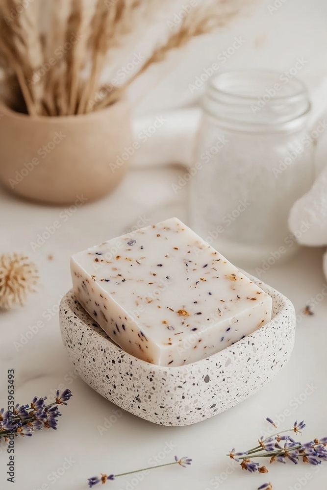 Fototapeta premium A terrazzo soap dish showcases a handcrafted soap bar, surrounded by rolled towels and dried lavender, creating a serene and inviting atmosphere perfect for relaxation and wellness