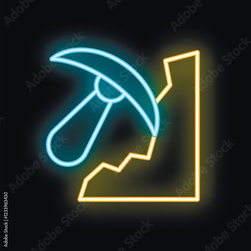 Blue neon pickaxe mining cryptocurrency on graphic card icon on black background