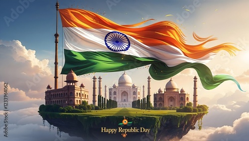 India's Majestic Republic Day: A vibrant Indian flag billows proudly over a breathtaking vista of iconic monuments, including the Taj Mahal, set majestically upon a floating island in the clouds.