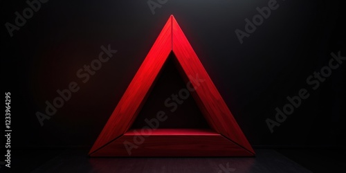 A striking red wooden triangle commands attention against a stark black backdrop. Its top tilts elegantly to the left, centered for impact photo