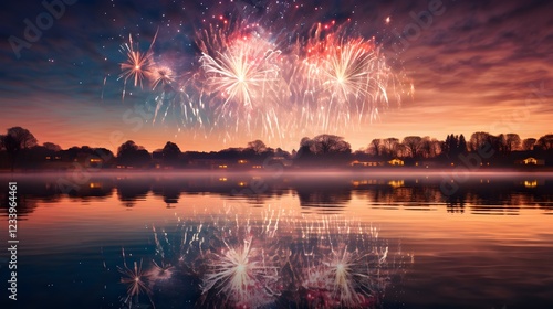 Spectacular Fireworks Display over Calm Lake at Sunset Reflecting Lights and Festive Celebration