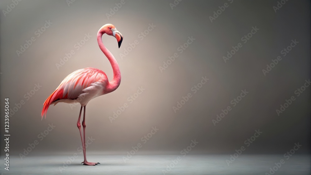 Fototapeta premium A pink flamingo stands alone in a minimalist studio against a neutral gray background with soft focus , calm