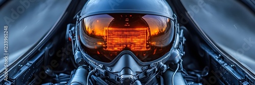 Futuristic Pilot Helmet with Orange HUD Display in Cockpit