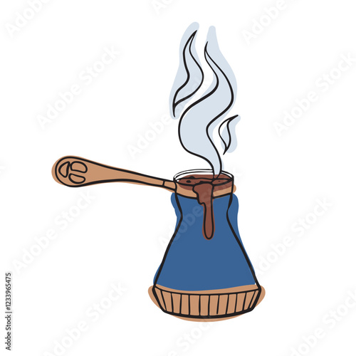 Classic Turkish coffee pot with steaming dark coffee. A cozy illustration representing rich aroma, traditional brewing, and the love for authentic Turkish espresso.